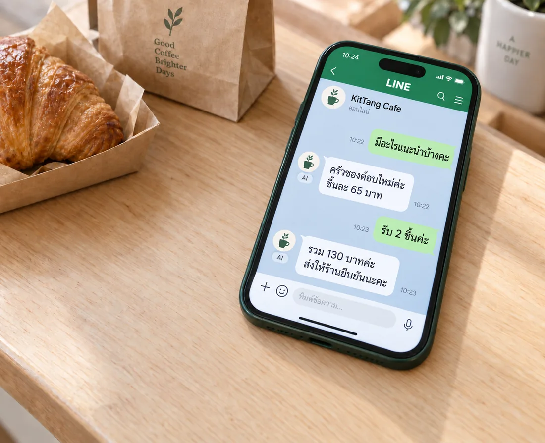 ภาพจำลองแชต LINE ลูกค้าถามเมนู AI แนะนำครัวซองต์ รับออเดอร์ 2 ชิ้น และส่งให้ร้านยืนยันในคิดตัง