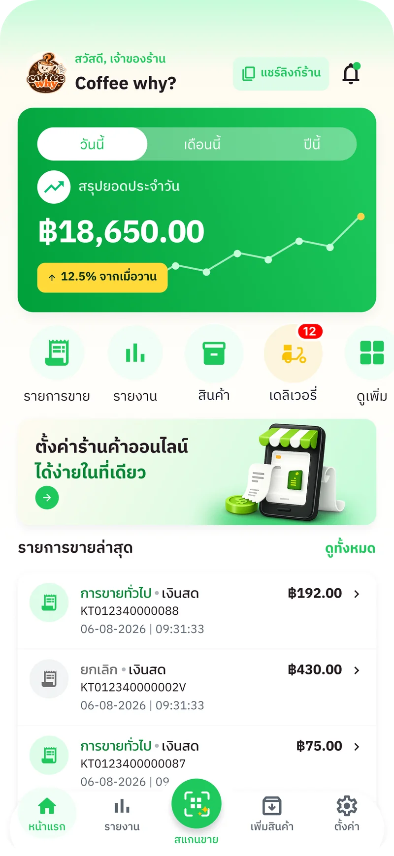 หน้าหลักแอปคิดตัง แสดงยอดขาย รายการขาย และเมนูจัดการร้าน